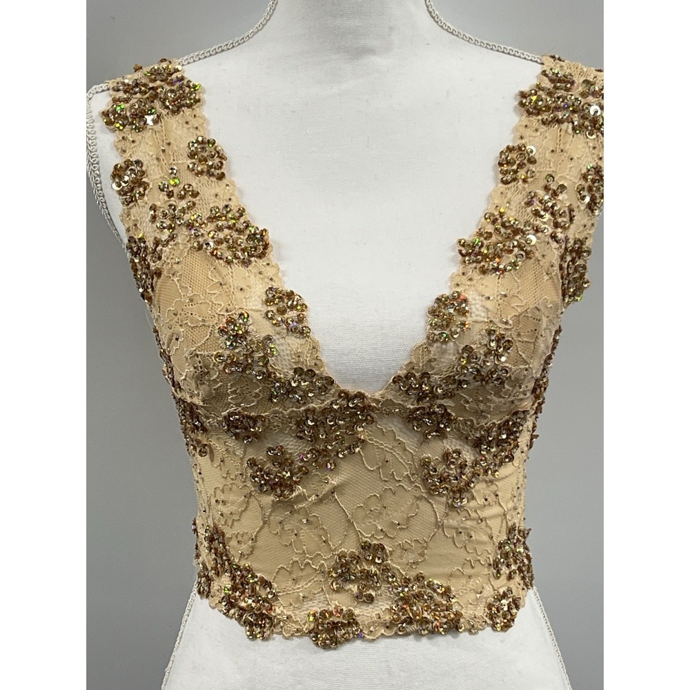 Lace crop top sleeveless Bra cami in golden beige color Bebe Y2K  sequins